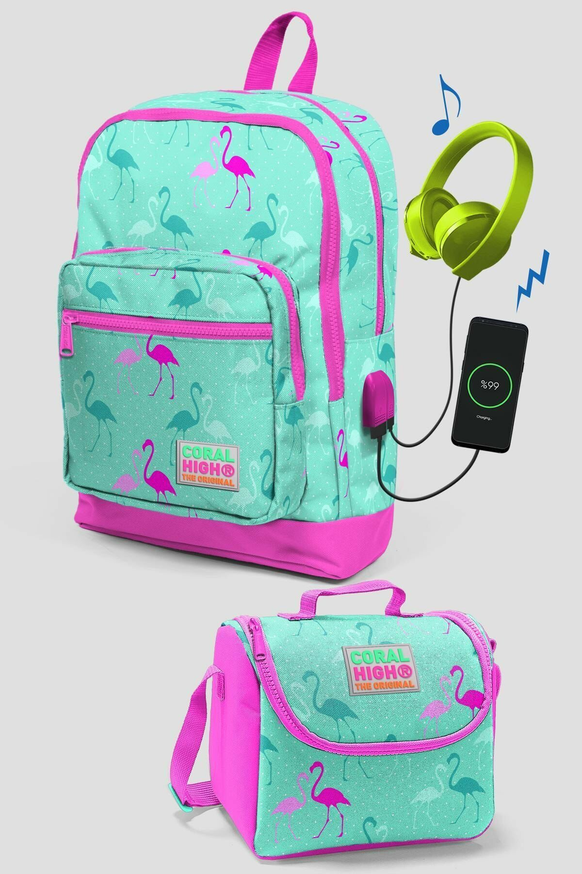 Kids Su Yeşili Flamingo Desenli Dört Bölmeli Usb Şarjlı Kulaklık Çıkışlı 2'li Çanta Seti