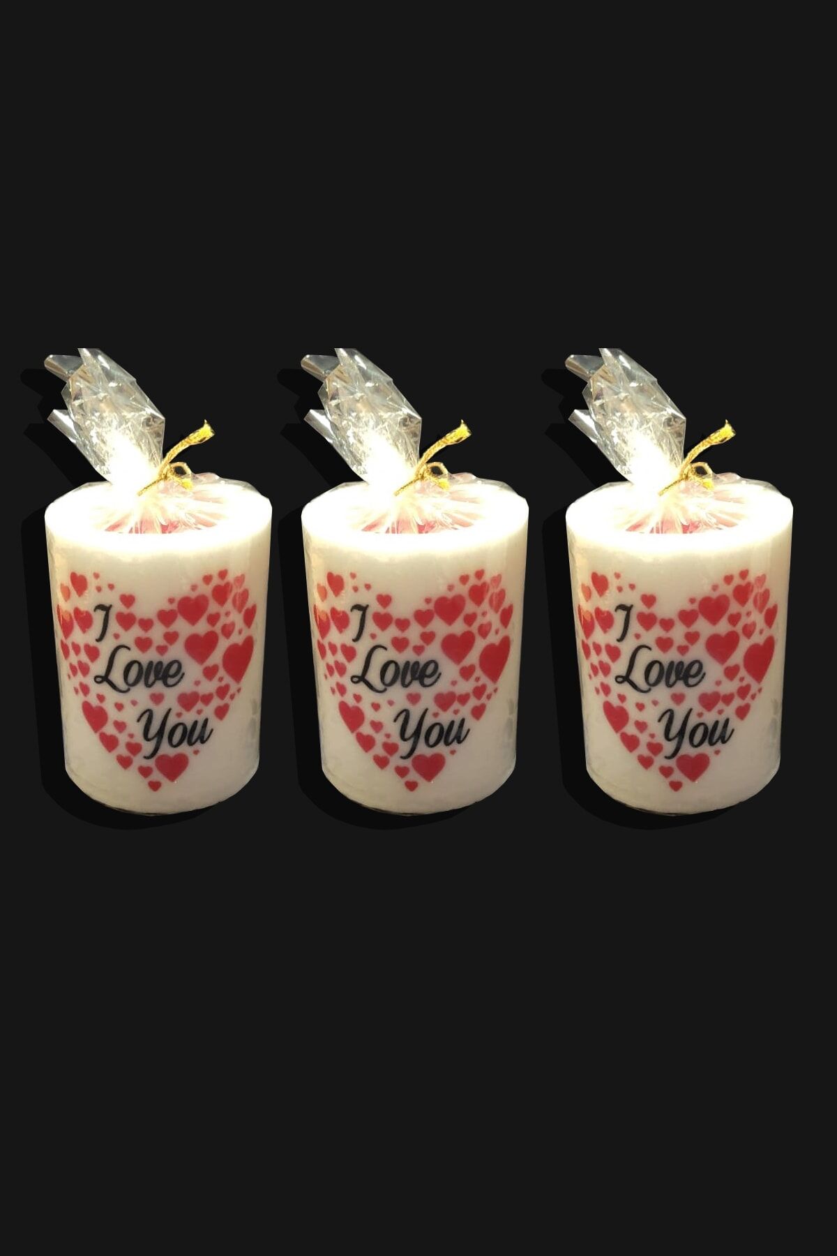 9cm Silindir Mum 3lü Set Kalp Desenli Desenli