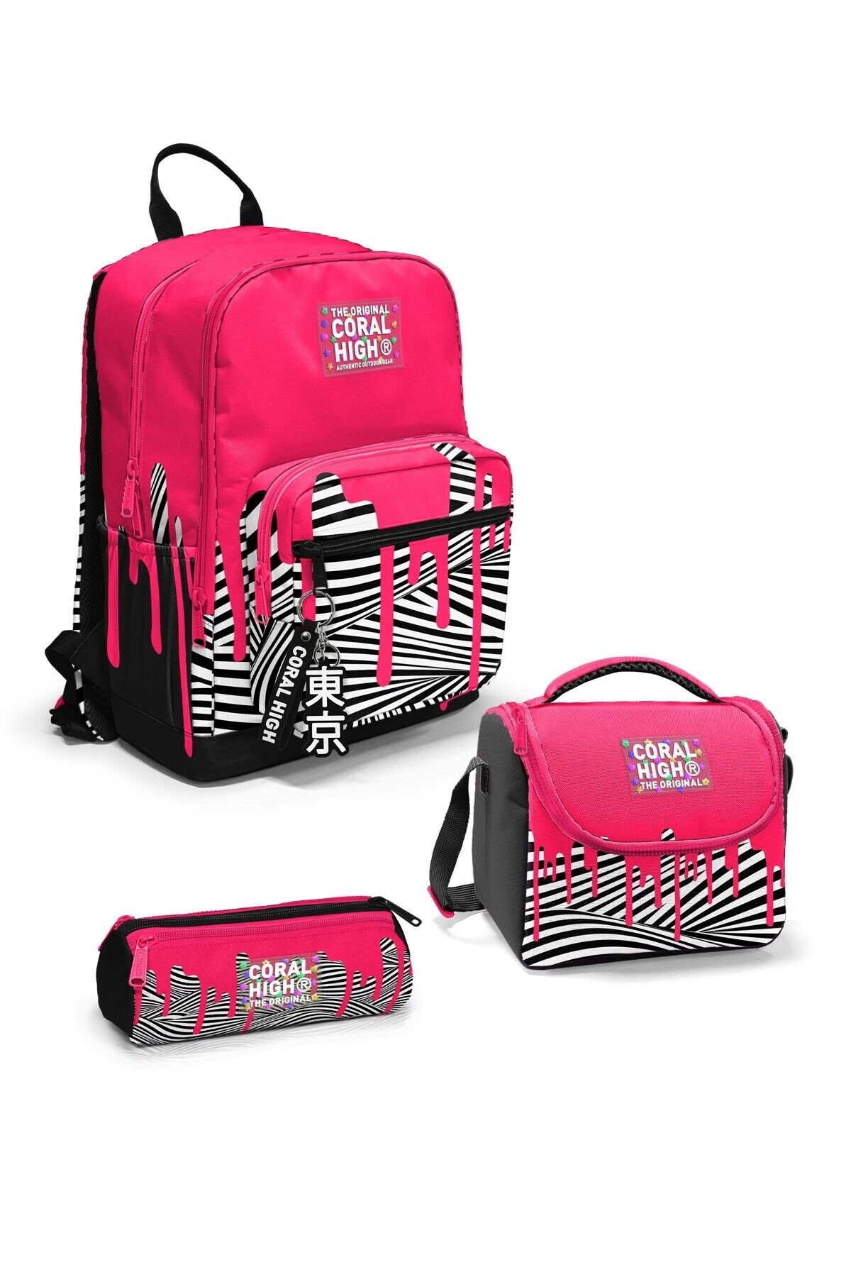 Coral High Pembe Siyah Beyaz Desenli 3’lü Okul Çanta Seti SET0123678
