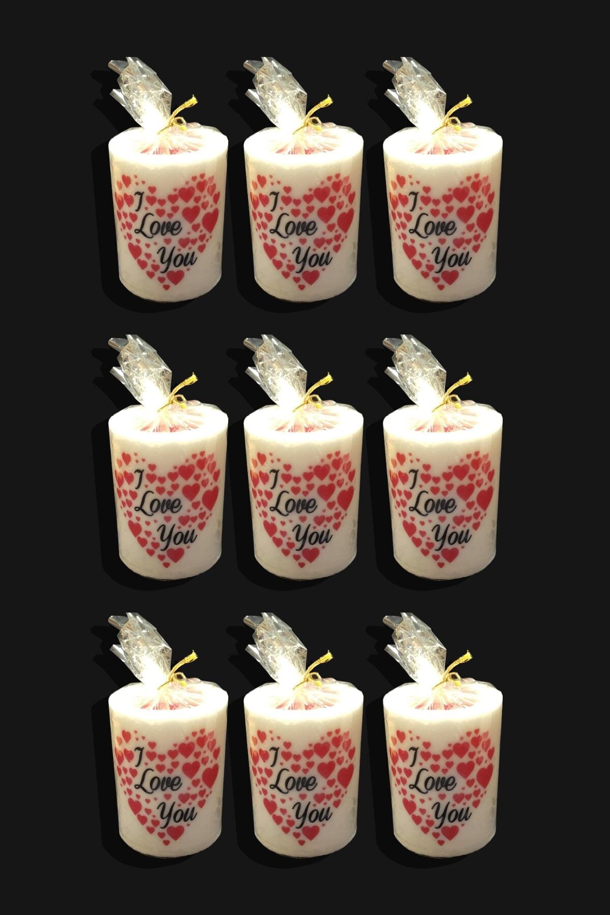 9 Cm Silindir Mum 9'lu Set Kalp Desenli Desenli