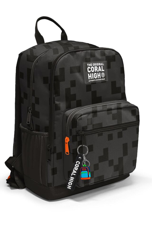 Coral High Siyah Blok Desenli 3’lü Okul Çanta Seti (Okul Çantası, Kalemlik ve Matara)