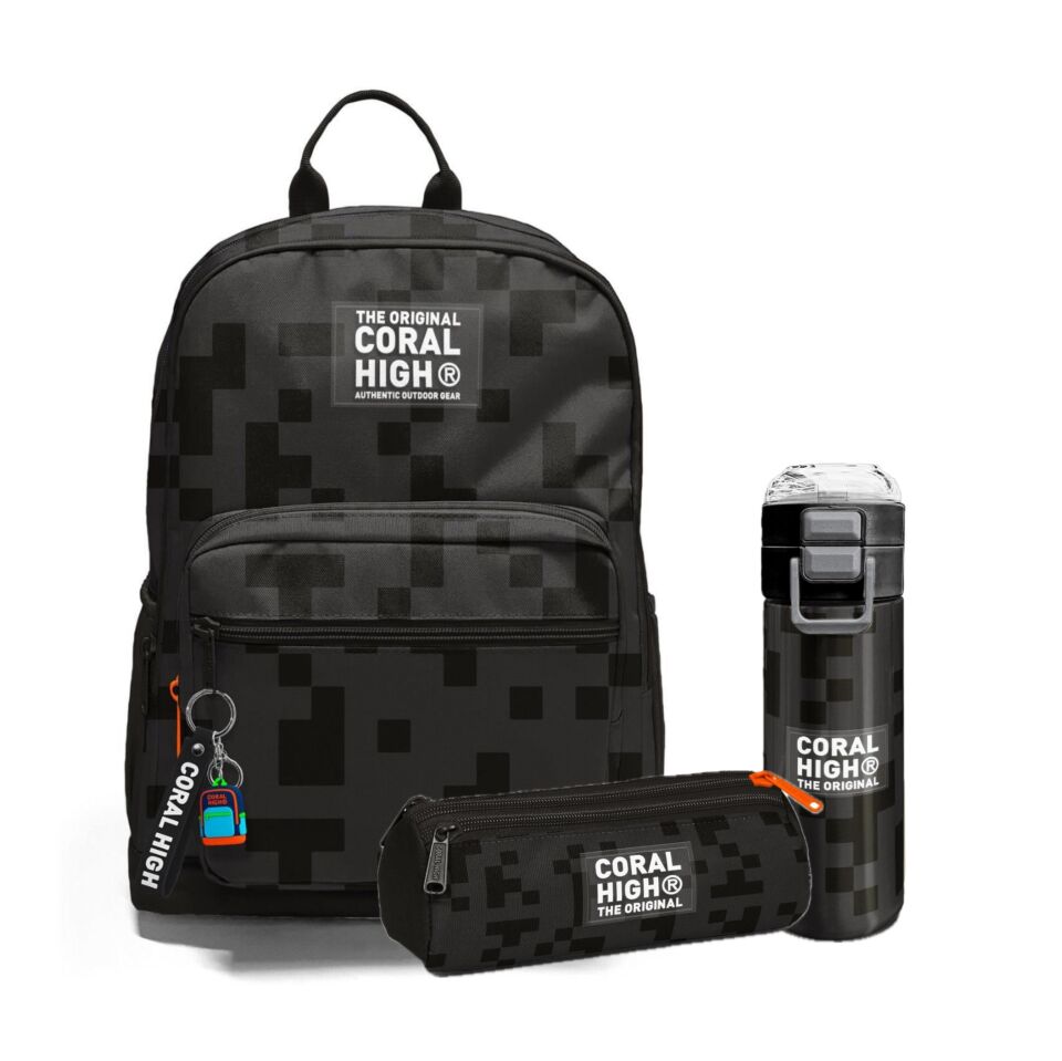 Coral High Siyah Blok Desenli 3’lü Okul Çanta Seti (Okul Çantası, Kalemlik ve Matara)