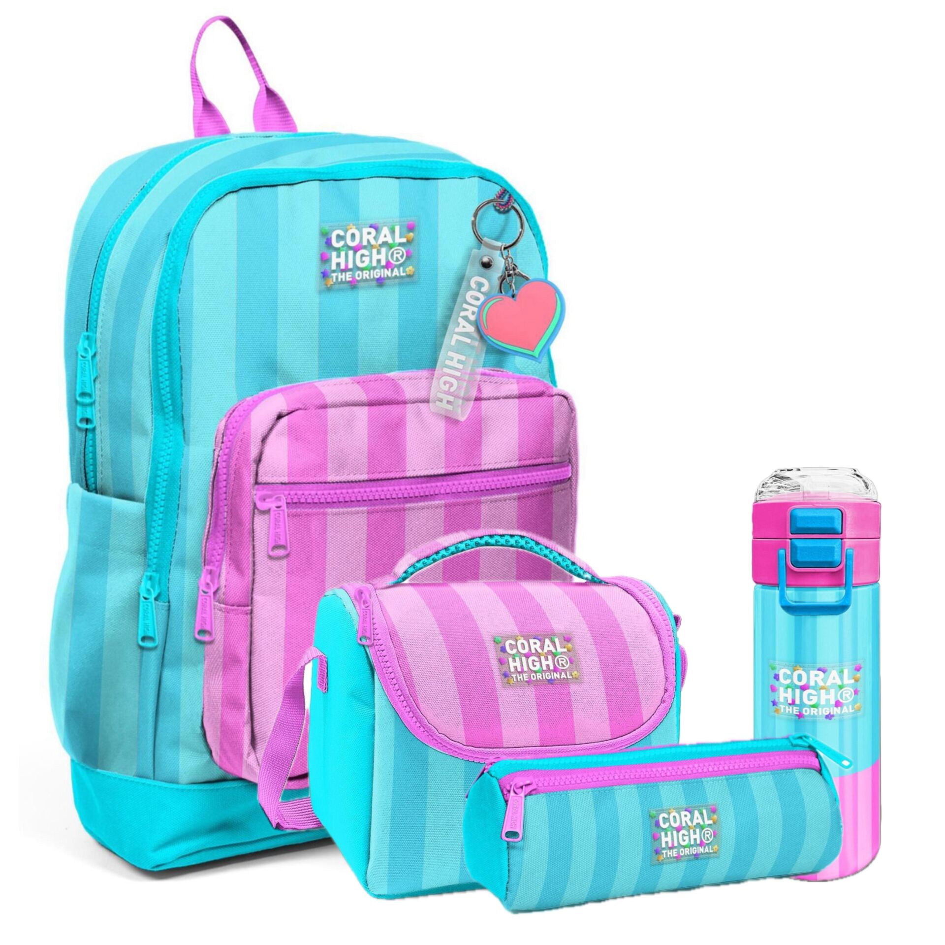 Coral High Kids Turkuaz Pembe Çizgili 4'lü Okul Çanta Seti (Okul Çantası, Kalemlik, Beslenme Çantası, Matara)
