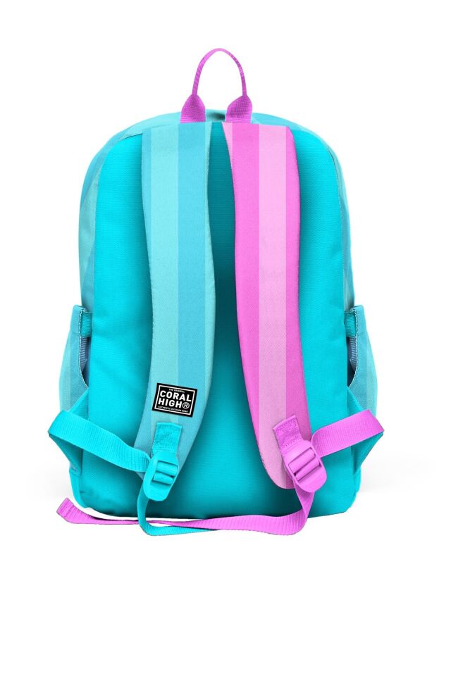 Coral High Kids Turkuaz Pembe Çizgili 4'lü Okul Çanta Seti (Okul Çantası, Kalemlik, Beslenme Çantası, Matara)