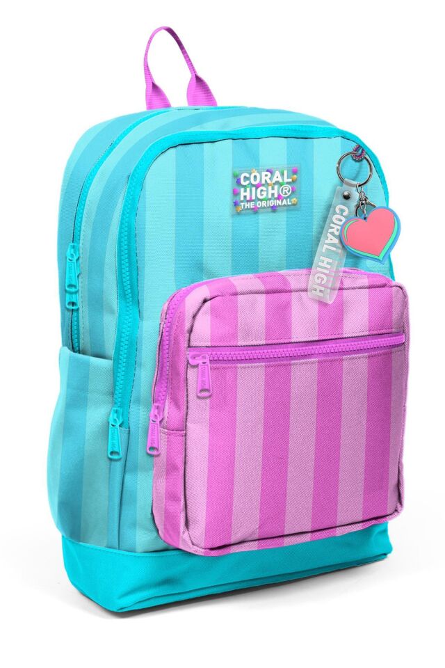 Coral High Kids Turkuaz Pembe Çizgili 4'lü Okul Çanta Seti (Okul Çantası, Kalemlik, Beslenme Çantası, Matara)