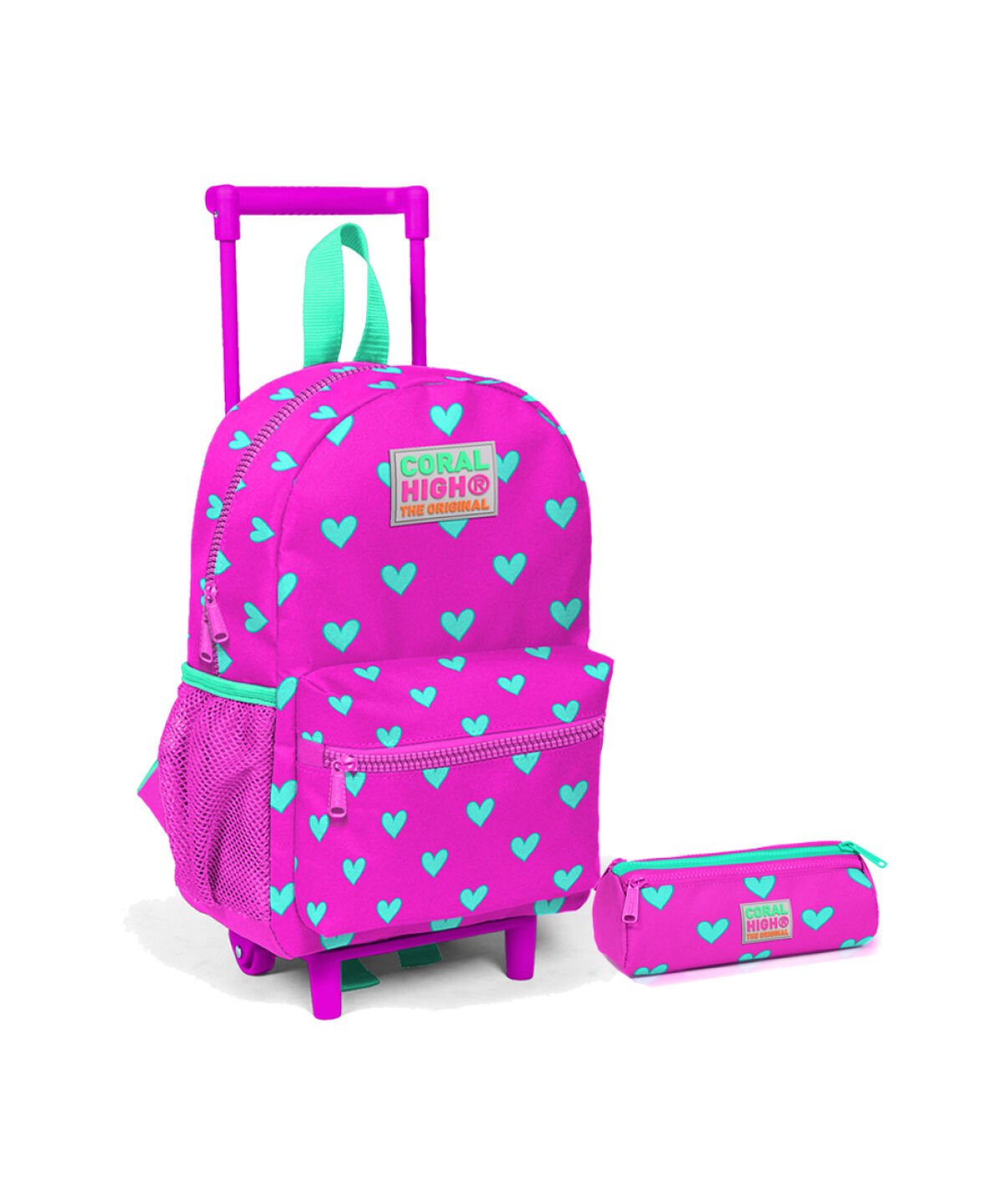 Coral High Kıds Neon Pembe Su Yeşili Kalp Desenli İki Bölmeli Çekcekli 2'li Çanta Seti