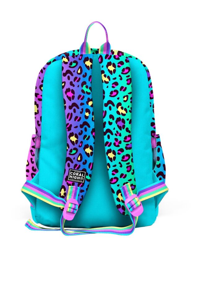Coral High Kids Renkli Leopar Desenli 4'lü Okul Çanta Seti (Okul Çantası, Kalemlik, Beslenme Çantası, Matara)
