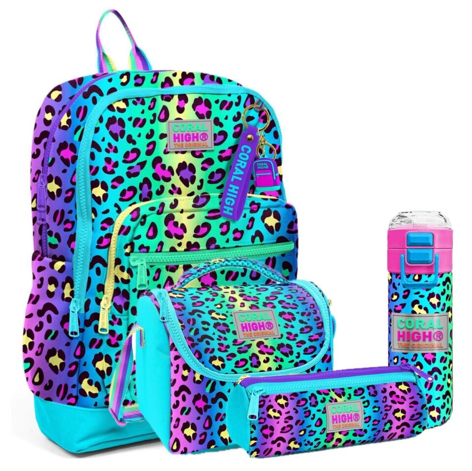 Coral High Kids Renkli Leopar Desenli 4'lü Okul Çanta Seti (Okul Çantası, Kalemlik, Beslenme Çantası, Matara)