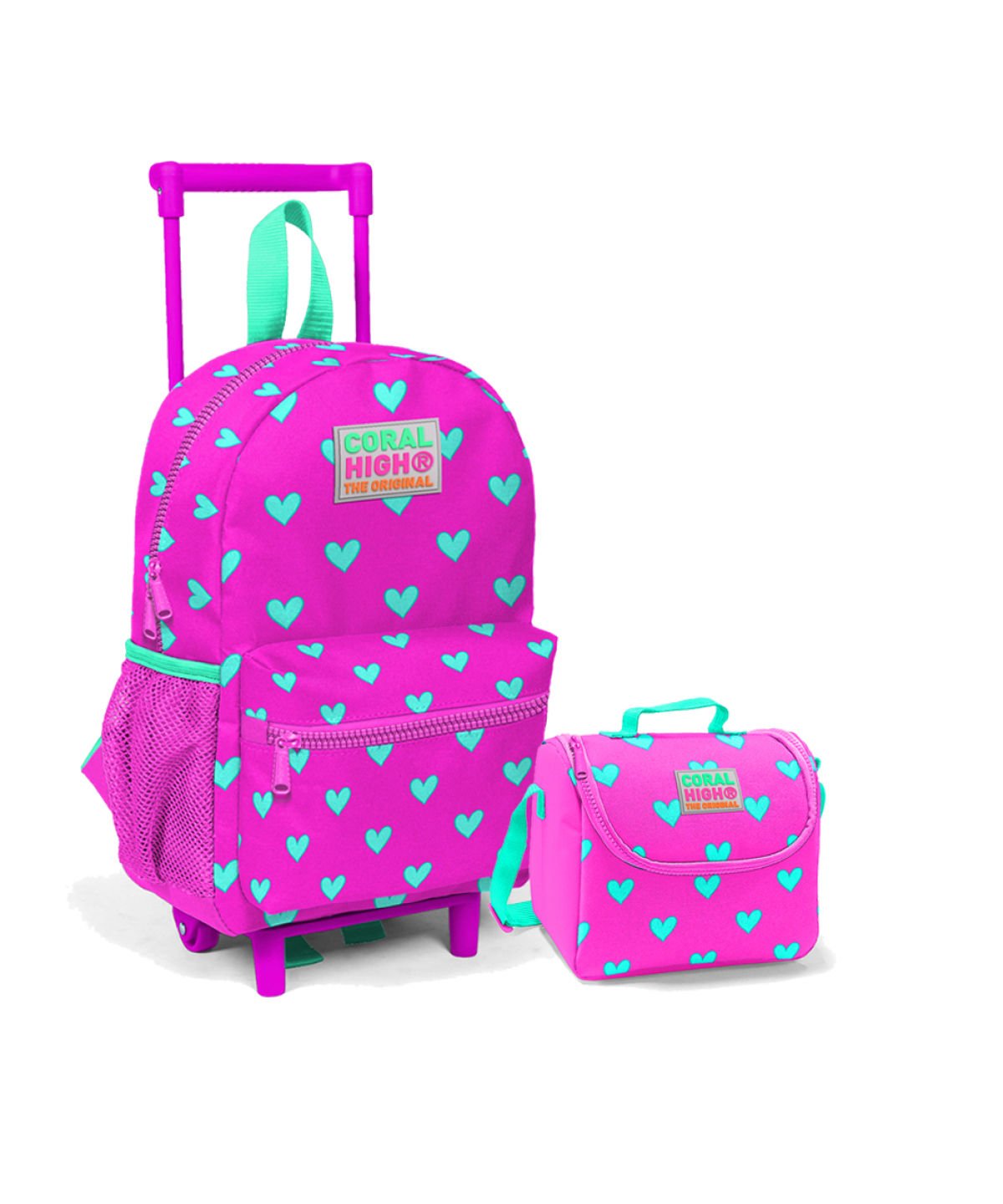 Coral High Kıds Neon Pembe Su Yeşili Kalp Desenli İki Bölmeli Çekcekli Çanta Seti