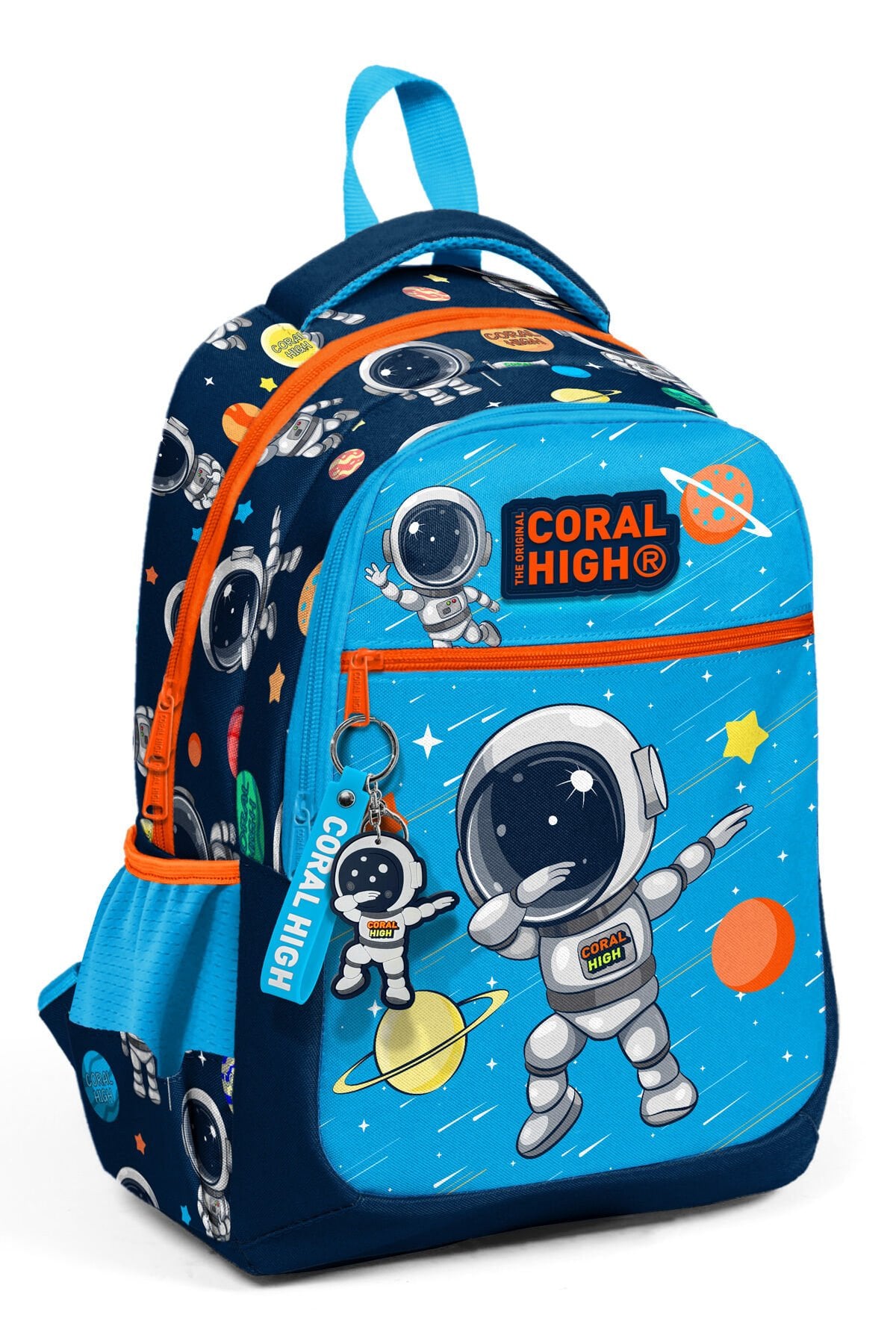 Kids Lacivert Mavi Astronot Desenli Üç Bölmeli Okul Sırt Çantası 23486 Mavi Gümüş