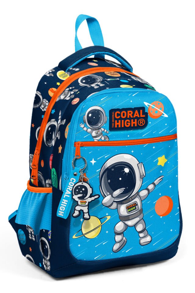 Kids Lacivert Mavi Astronot Desenli Üç Bölmeli Okul Sırt Çantası 23486 Mavi Gümüş