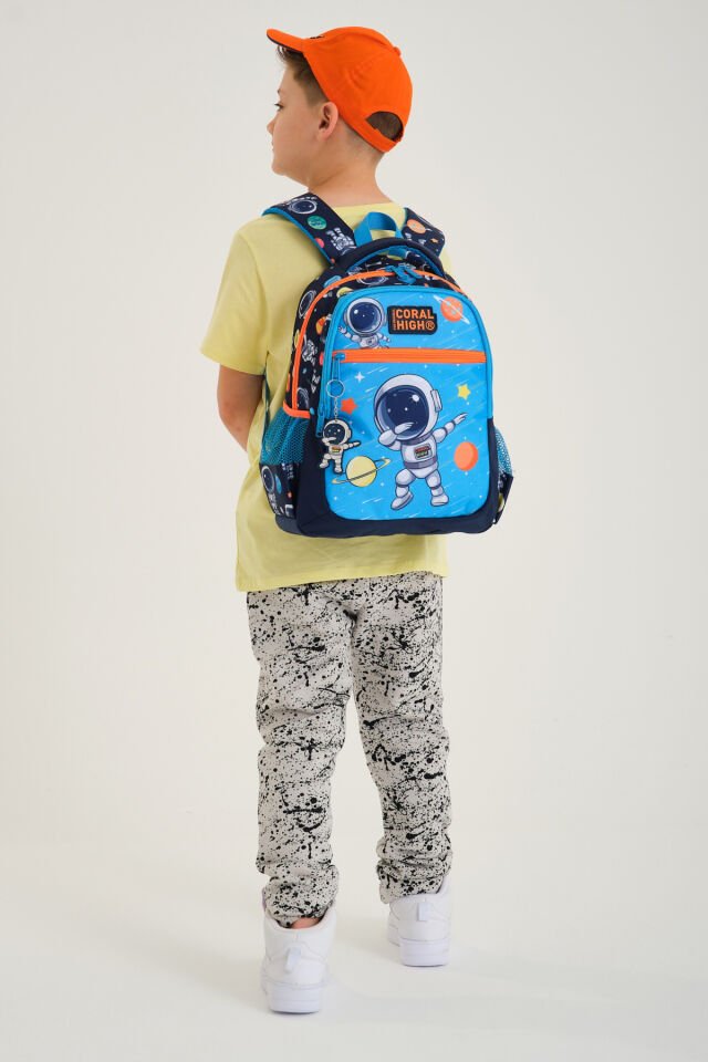 Kids Lacivert Mavi Astronot Desenli Üç Bölmeli Okul Sırt Çantası 23486 Mavi Gümüş