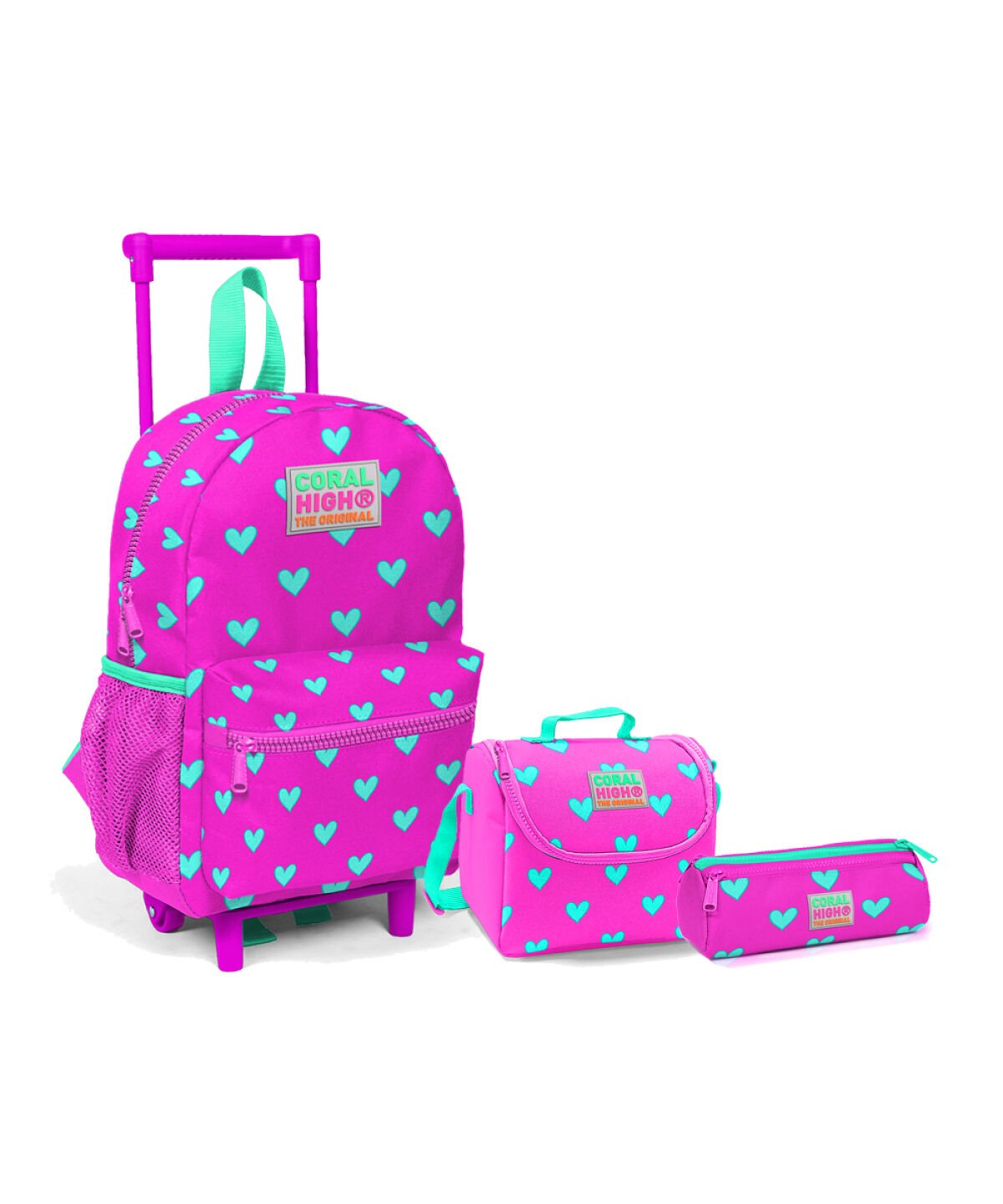 Coral High Kids Neon Pembe Su Yeşili Kalp Desenli Üçlü Çanta Seti
