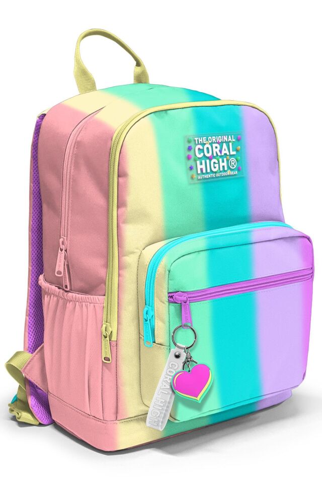Coral High Renkli Çizgili Desenli 4'lü Okul Çanta Seti (Okul Çantası, Beslenme, Kalemlik, Matara)