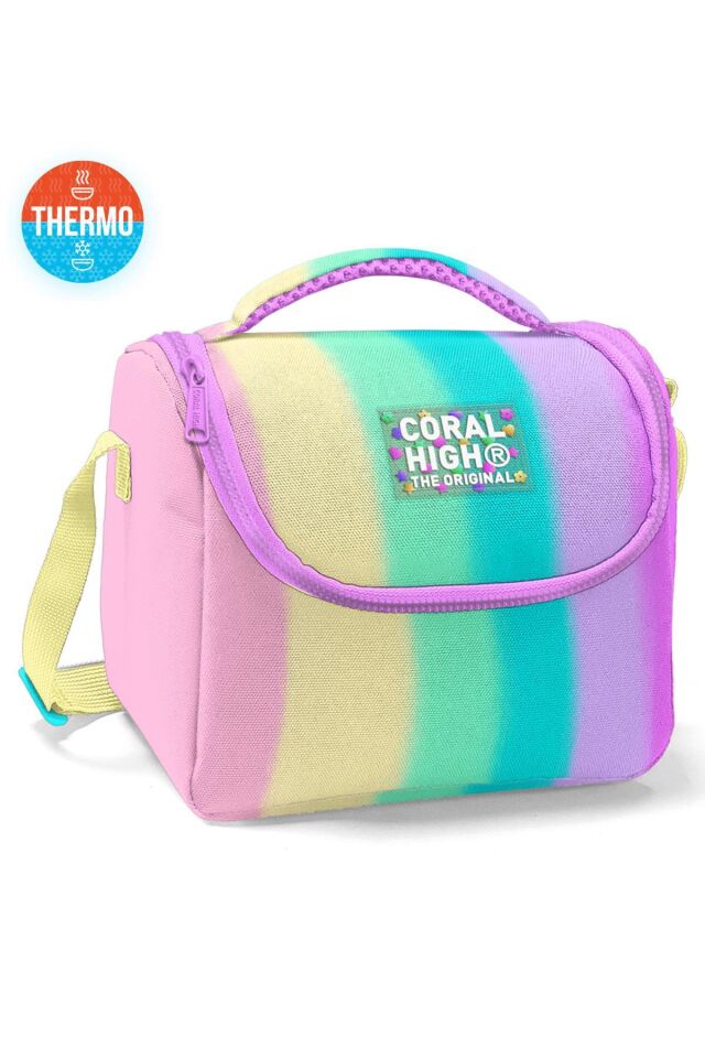 Coral High Renkli Çizgili Desenli 4'lü Okul Çanta Seti (Okul Çantası, Beslenme, Kalemlik, Matara)
