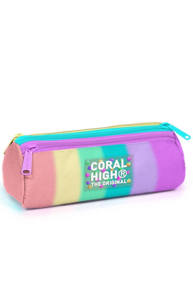 Coral High Renkli Çizgili Desenli 4'lü Okul Çanta Seti (Okul Çantası, Beslenme, Kalemlik, Matara)