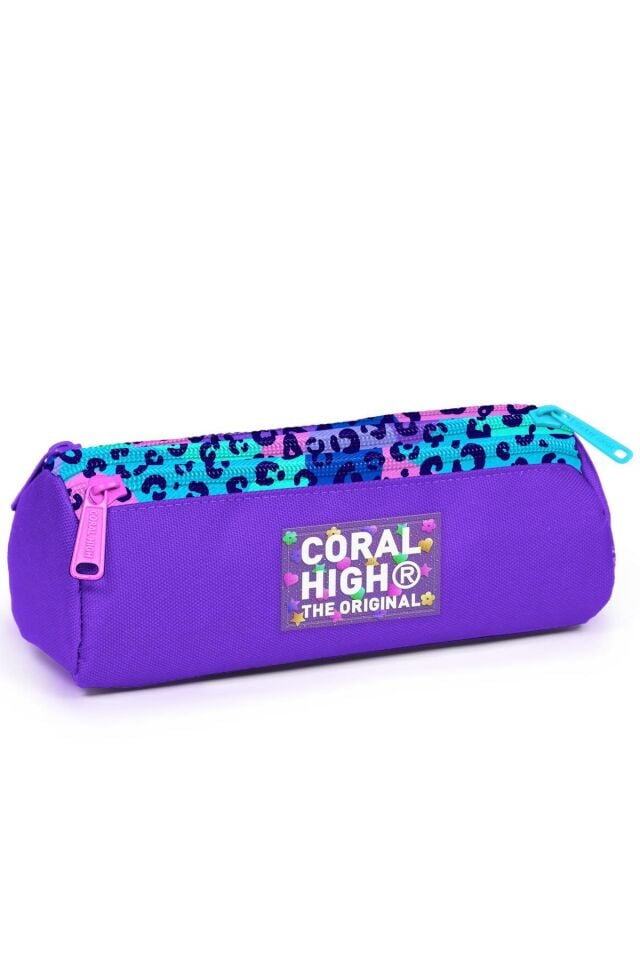 Coral High Mor Leopar Desenli 4'lü Okul Çanta Seti (Okul Çantası, Beslenme, Kalemlik, Matara)
