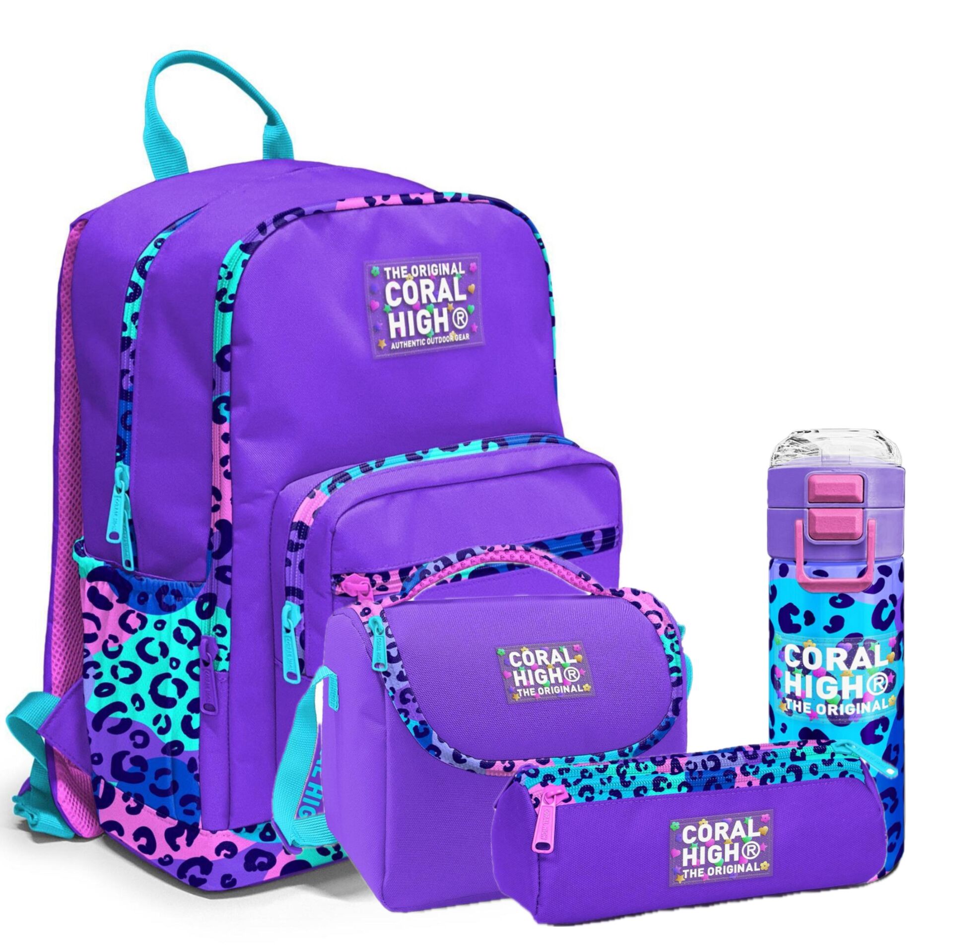 Coral High Mor Leopar Desenli 4'lü Okul Çanta Seti (Okul Çantası, Beslenme, Kalemlik, Matara)