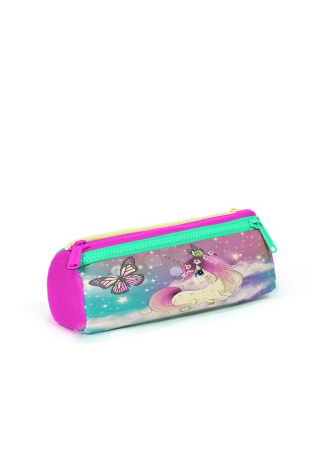 22033 KIDS PEMBE SU YEŞİLİ UNICORN KIZ DESENLİ ÜÇ BÖLMELİ KALEM ÇANTASI