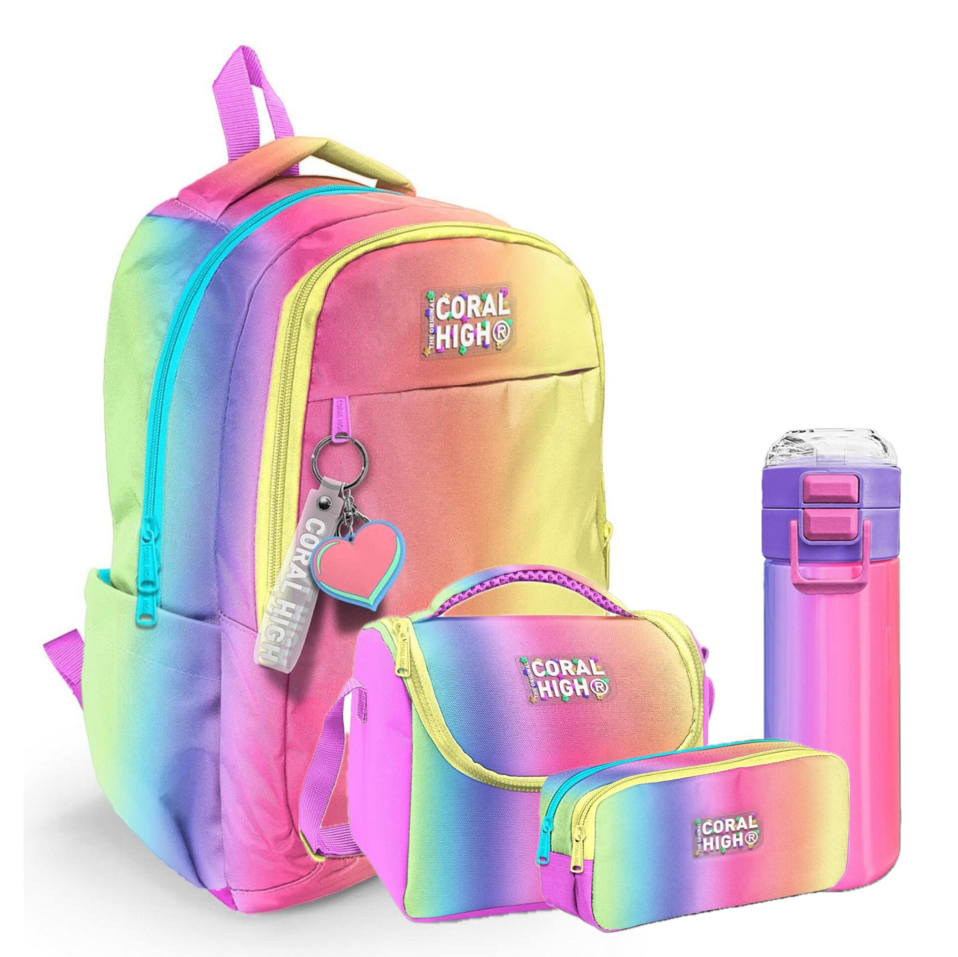 Coral High Kids Renk Geçişli Desenli 4’lü Okul Çanta Seti (Okul Çantası, Beslenme, Kalemlik, Matara)