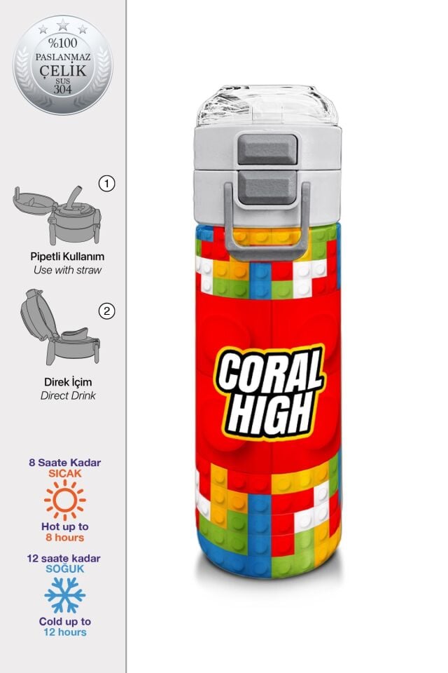 Coral High Kids Renkli Blok Desenli 4'lü Okul Çanta Seti (Okul Çantası, Beslenme, Kalemlik, Matara)