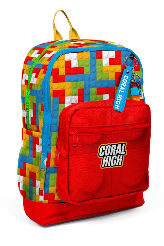 Coral High Kids Renkli Blok Desenli 4'lü Okul Çanta Seti (Okul Çantası, Beslenme, Kalemlik, Matara)