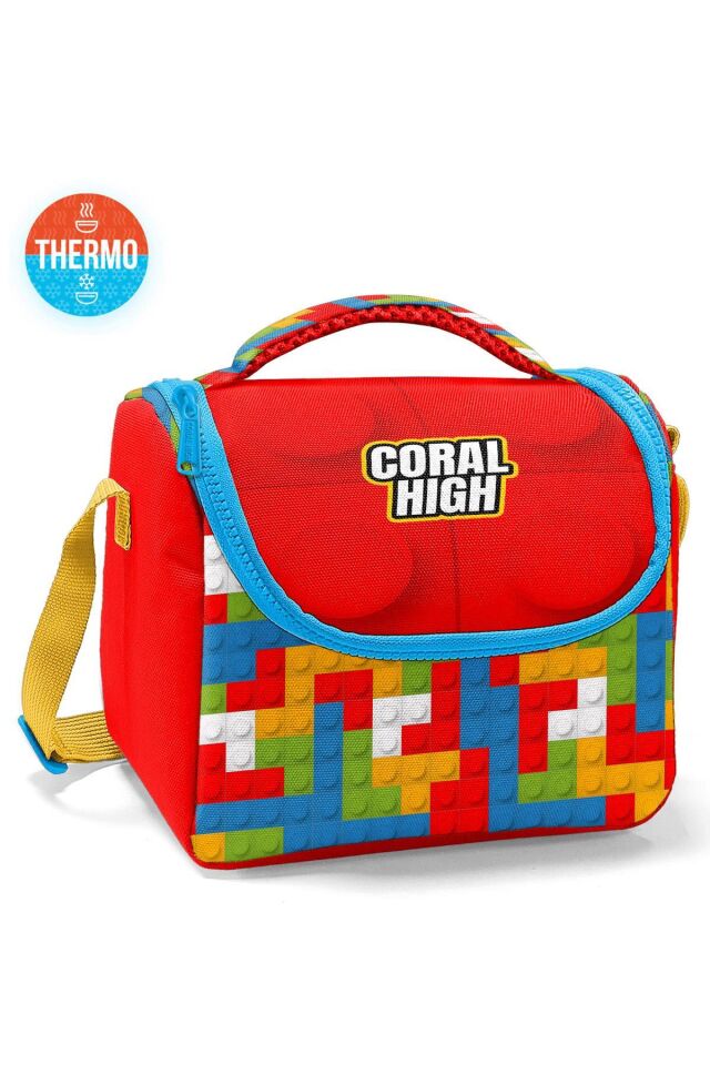 Coral High Kids Renkli Blok Desenli 4'lü Okul Çanta Seti (Okul Çantası, Beslenme, Kalemlik, Matara)