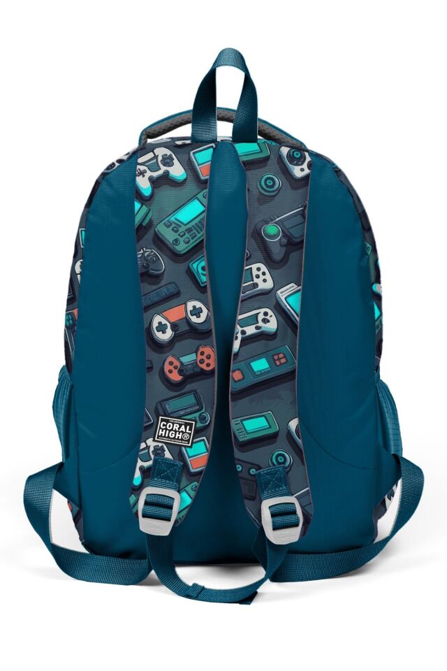 Coral High Kids Nefti Gamer Desenli Üç Bölmeli 4’lü Okul Çanta Seti (Okul Çantası, Kalemlik, Beslenme, Matara)