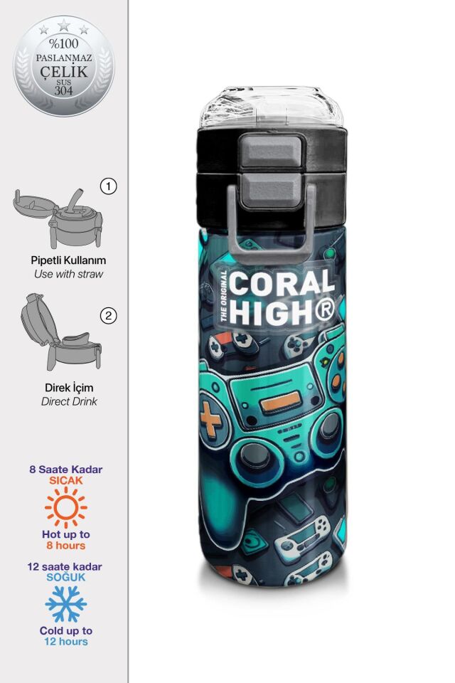Coral High Kids Nefti Gamer Desenli Üç Bölmeli 4’lü Okul Çanta Seti (Okul Çantası, Kalemlik, Beslenme, Matara)