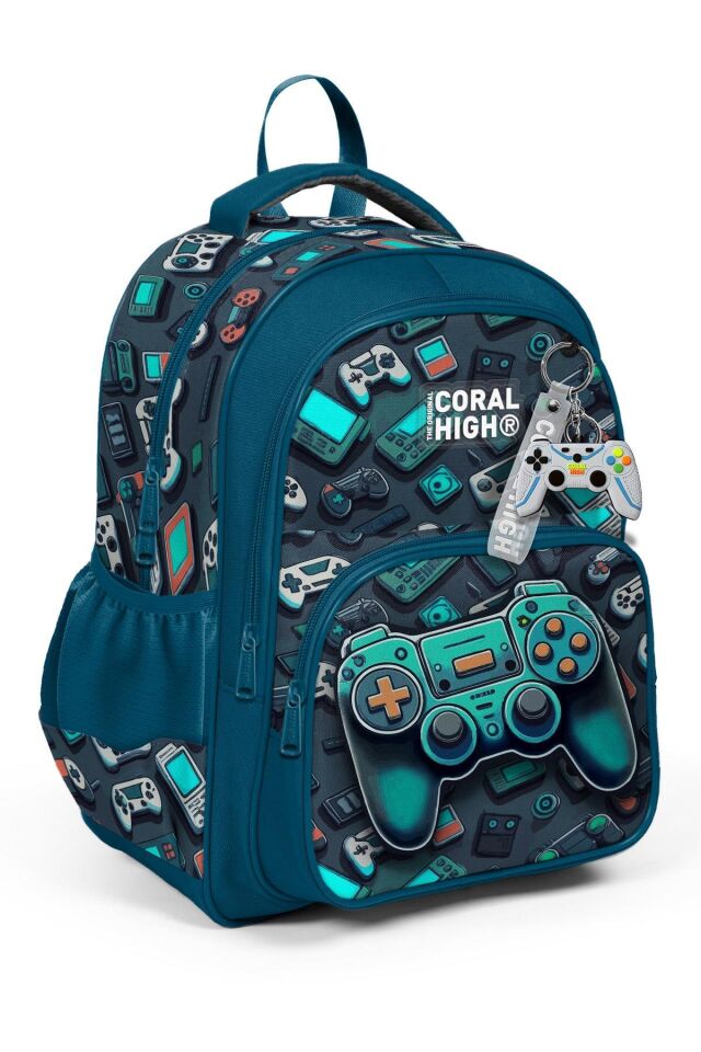 Coral High Kids Nefti Gamer Desenli Üç Bölmeli 4’lü Okul Çanta Seti (Okul Çantası, Kalemlik, Beslenme, Matara)