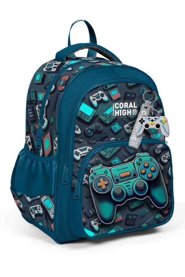Coral High Kids Nefti Gamer Desenli Üç Bölmeli 4’lü Okul Çanta Seti (Okul Çantası, Kalemlik, Beslenme, Matara)