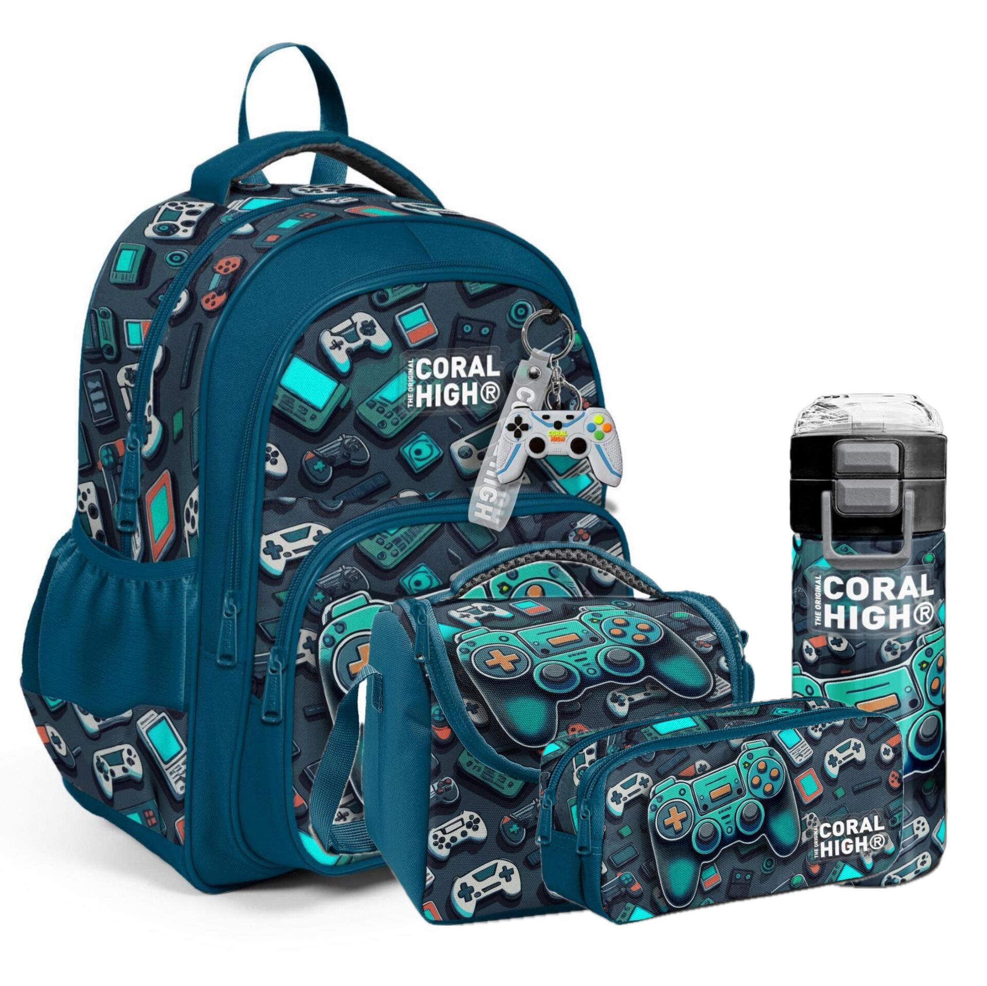 Coral High Kids Nefti Gamer Desenli Üç Bölmeli 4’lü Okul Çanta Seti (Okul Çantası, Kalemlik, Beslenme, Matara)