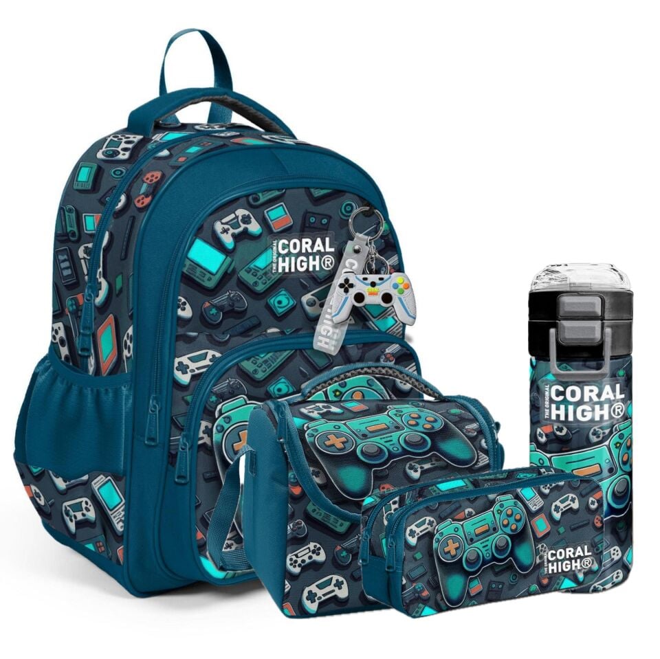 Coral High Kids Nefti Gamer Desenli Üç Bölmeli 4’lü Okul Çanta Seti (Okul Çantası, Kalemlik, Beslenme, Matara)