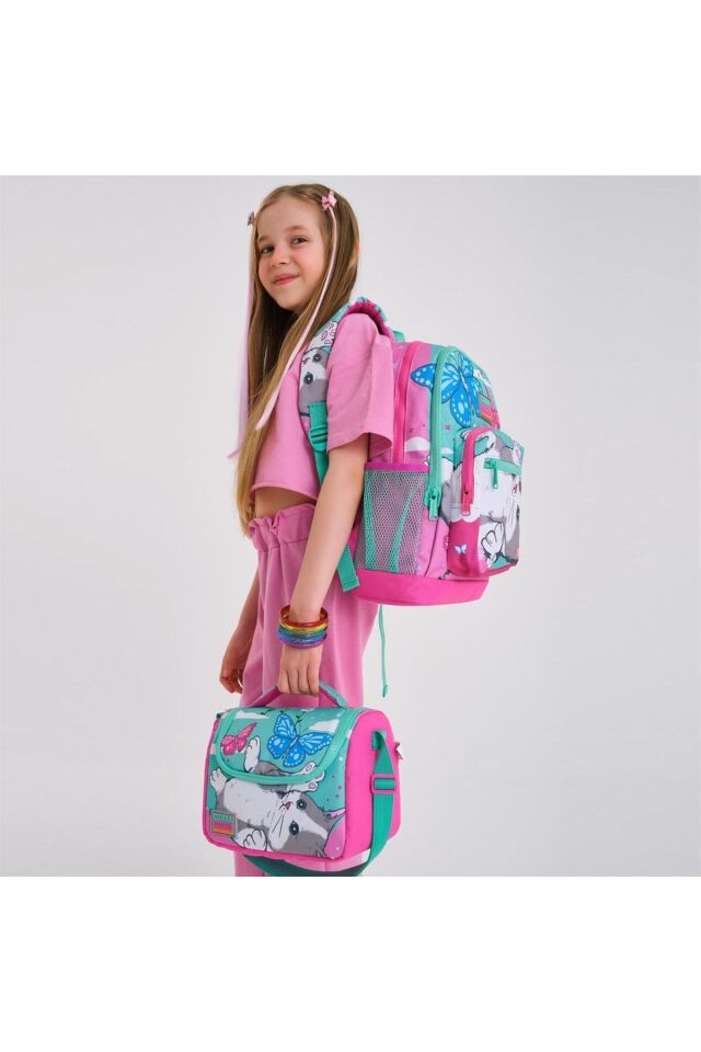 Kids Kedi Desenli Okul Çantası + Beslenme + Kalemlik 3 Lü Set 23707