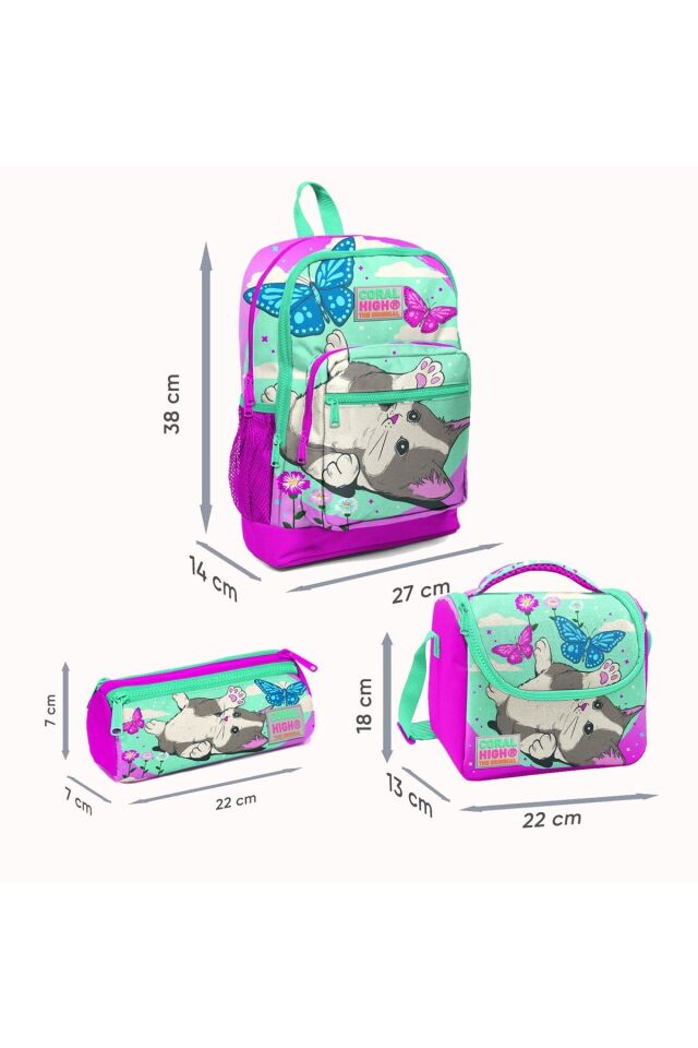 Kids Kedi Desenli Okul Çantası + Beslenme + Kalemlik 3 Lü Set 23707