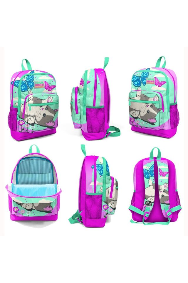 Kids Kedi Desenli Okul Çantası + Beslenme + Kalemlik 3 Lü Set 23707