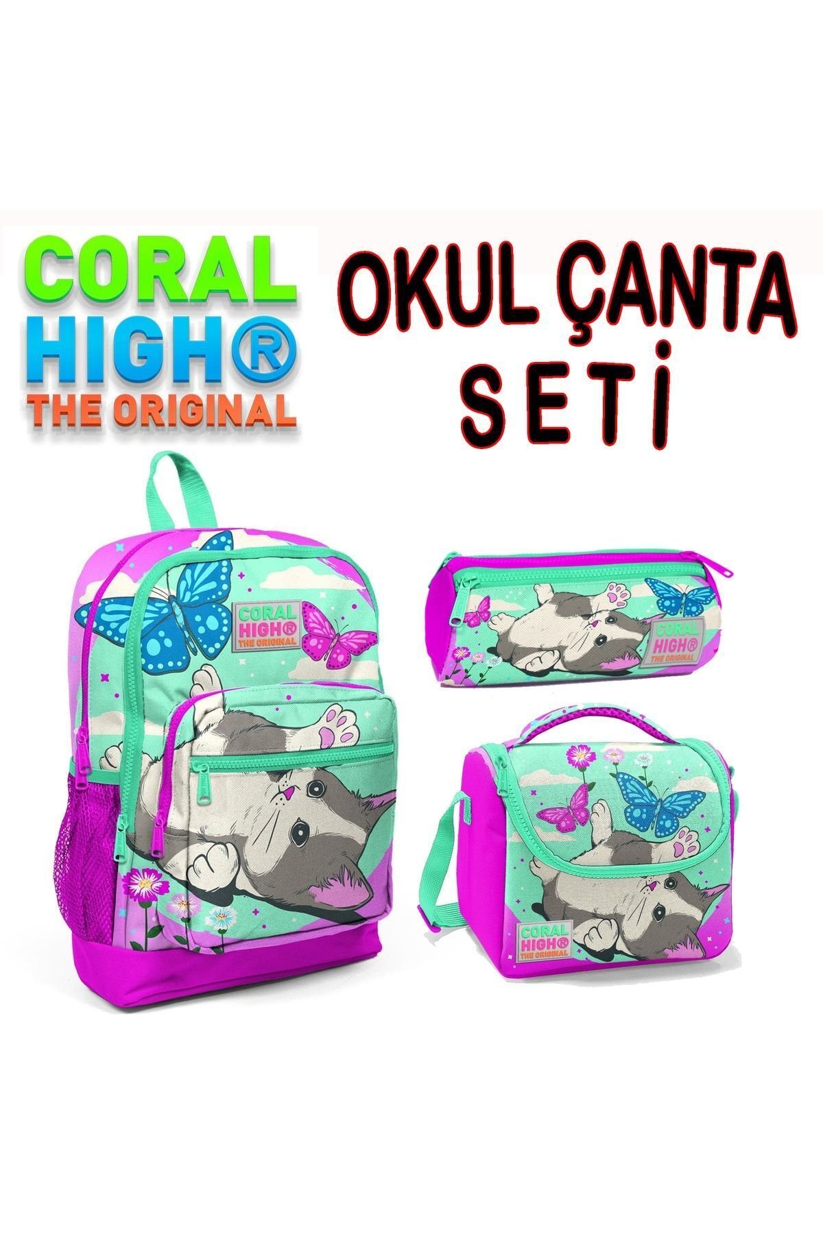 Kids Kedi Desenli Okul Çantası + Beslenme + Kalemlik 3 Lü Set 23707