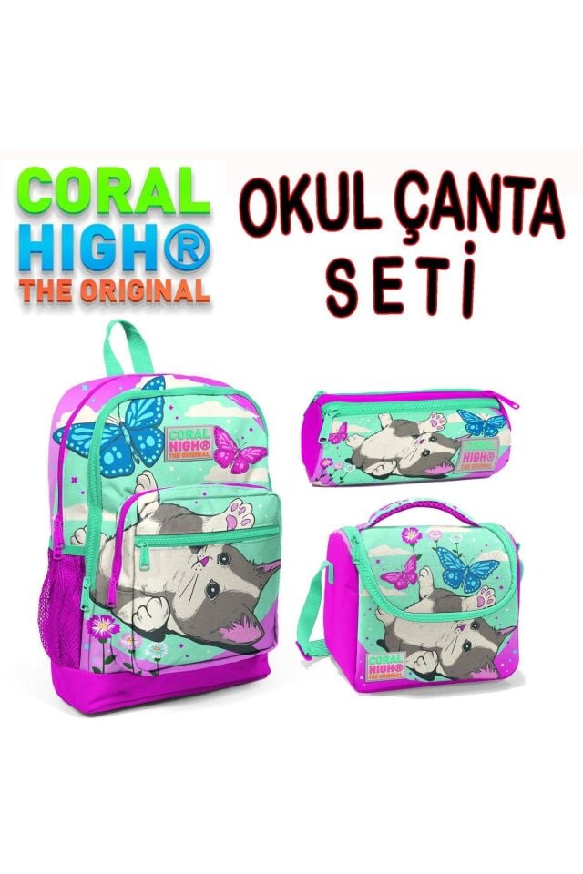 Kids Kedi Desenli Okul Çantası + Beslenme + Kalemlik 3 Lü Set 23707