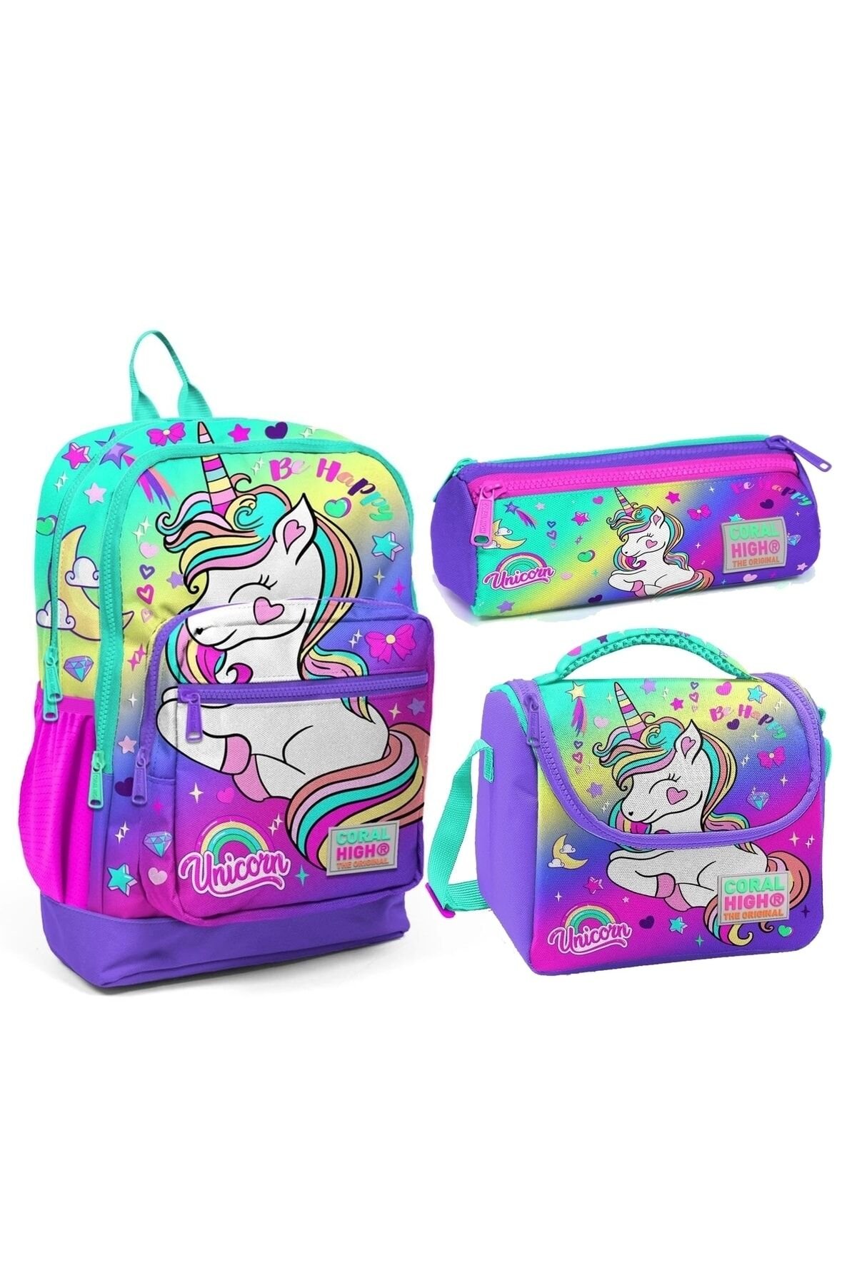 Unicorn Desenli Dört Bölmeli Okul Çantası Beslenme Kalemlik 3 lü Set 23729
