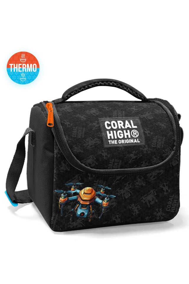 Coral High Siyah Drone Desenli 4’lü Okul Çanta Seti (Okul Çantası, Kalemlik, Beslenme, Matara)