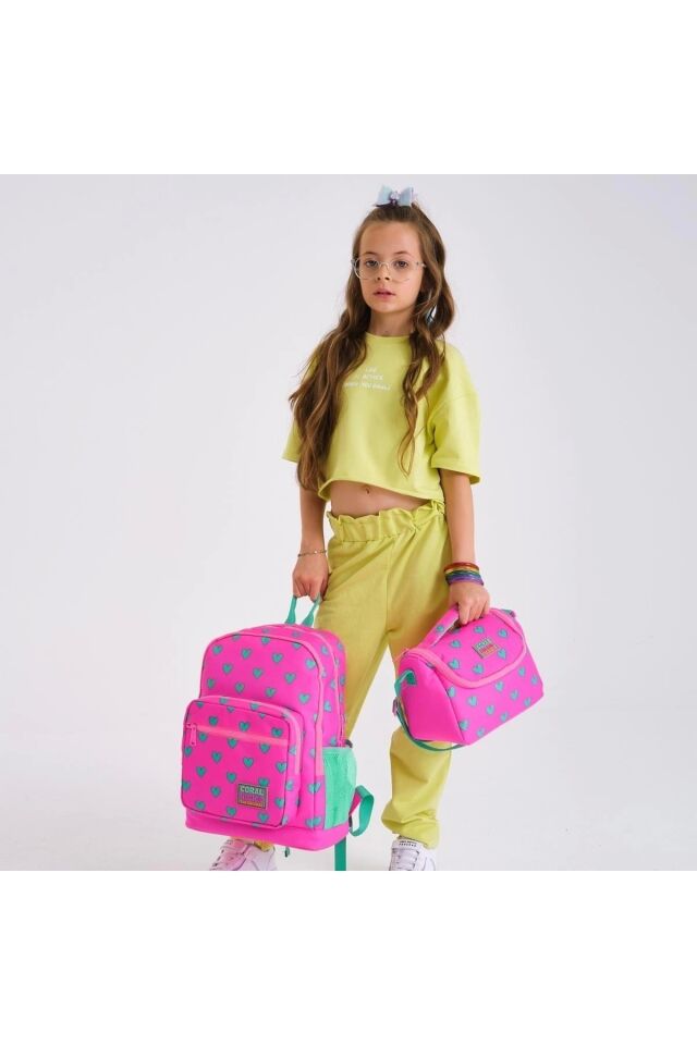 Kalp Desenli Dört Bölmeli Okul Çantası Beslenme Kalemlik 3 lü Set 23113