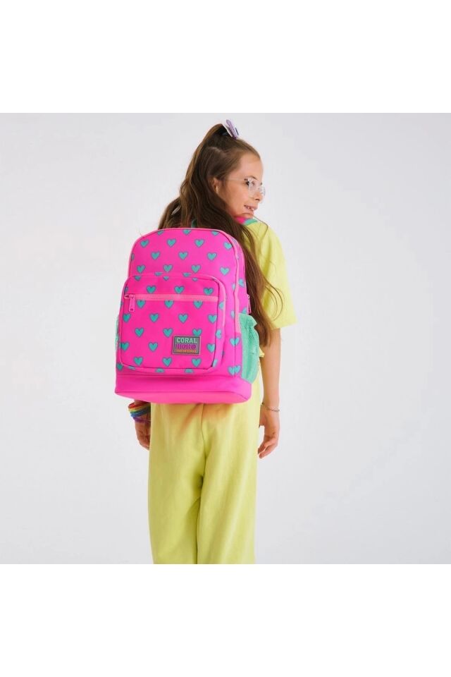 Kalp Desenli Dört Bölmeli Okul Çantası Beslenme Kalemlik 3 lü Set 23113