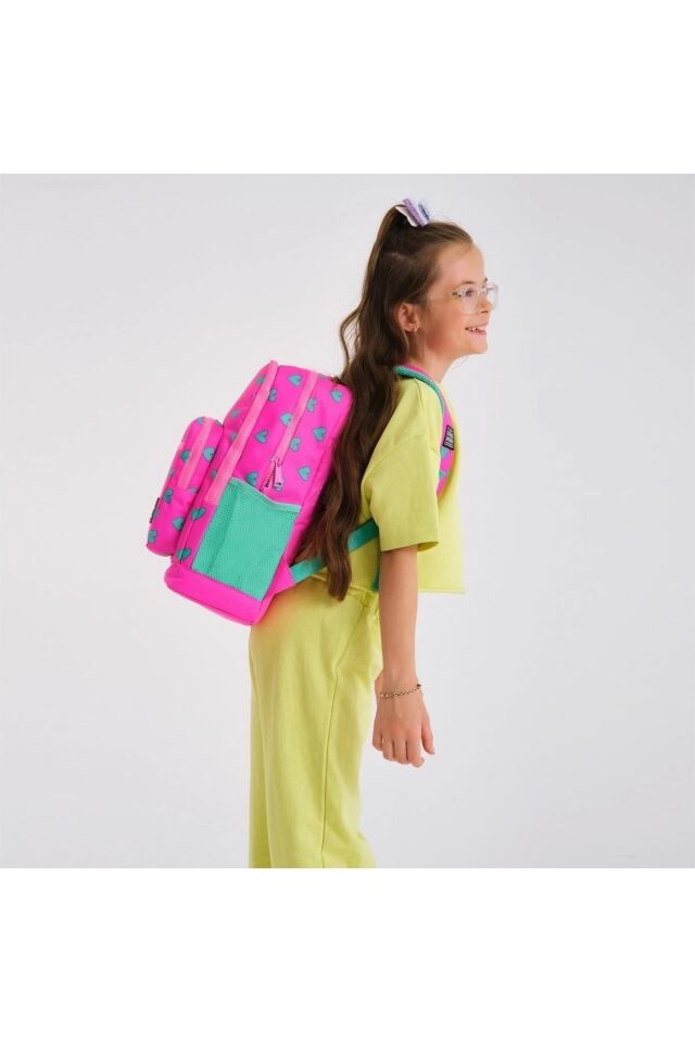 Kalp Desenli Dört Bölmeli Okul Çantası Beslenme Kalemlik 3 lü Set 23113