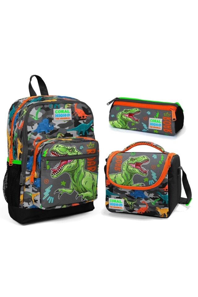 Dinazor Desenli Dört Bölmeli Okul Çantası Beslenme Kalemlik 3 lü Set 23744