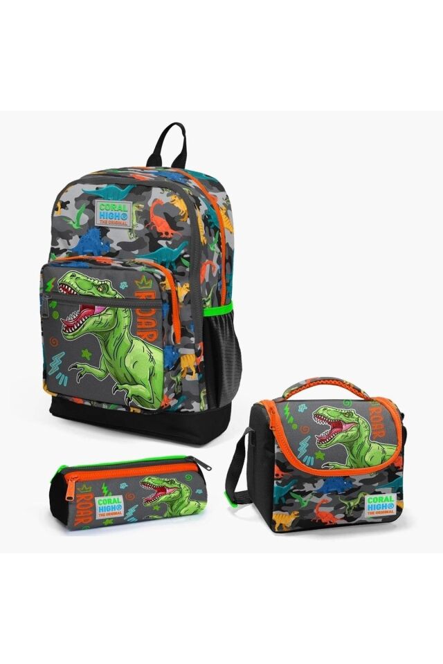 Dinazor Desenli Dört Bölmeli Okul Çantası Beslenme Kalemlik 3 lü Set 23744
