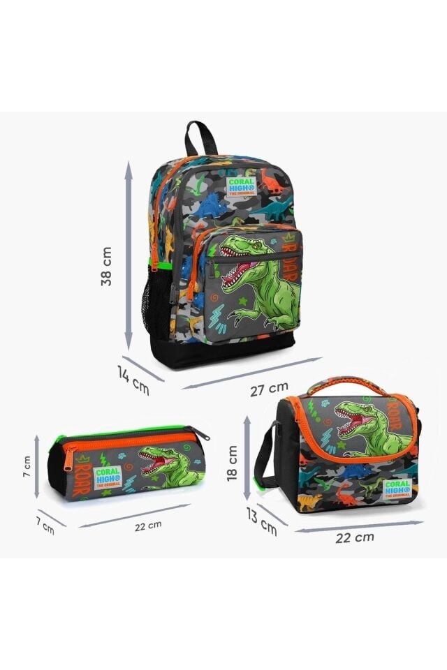 Dinazor Desenli Dört Bölmeli Okul Çantası Beslenme Kalemlik 3 lü Set 23744