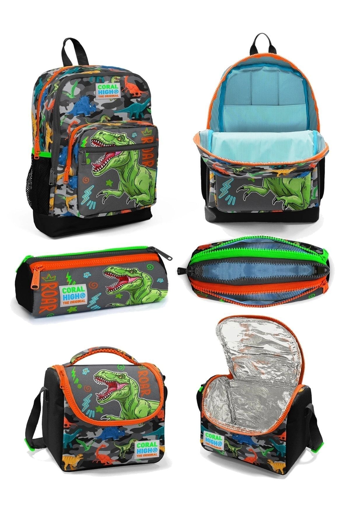 Dinazor Desenli Dört Bölmeli Okul Çantası Beslenme Kalemlik 3 lü Set 23744