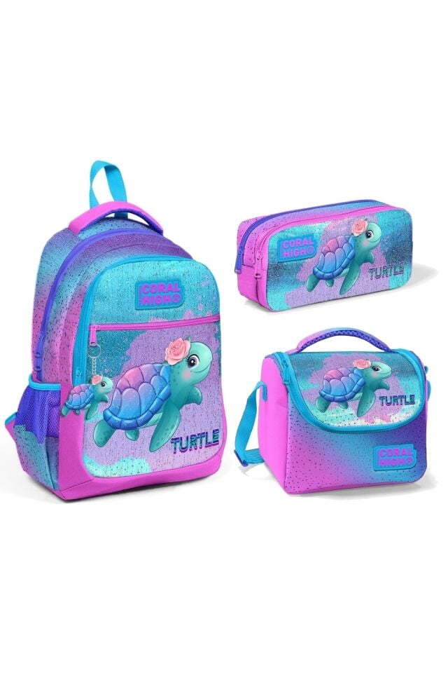 Kaplumbağa Desenli Üç Bölmeli Okul Çantası Beslenme Kalemlik 3 lü Set 23497