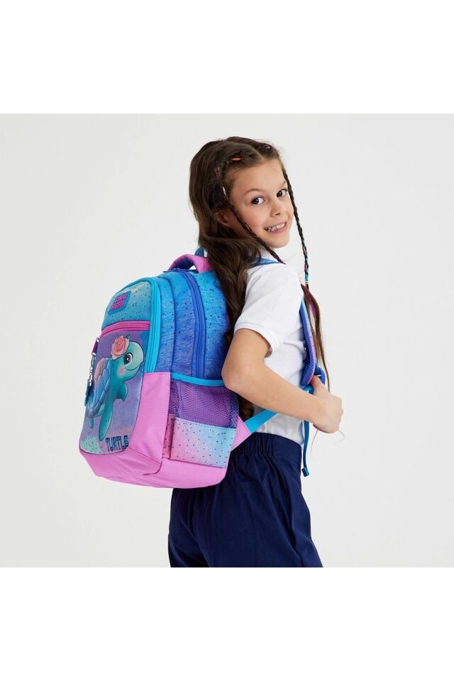 Kaplumbağa Desenli Üç Bölmeli Okul Çantası Beslenme Kalemlik 3 lü Set 23497