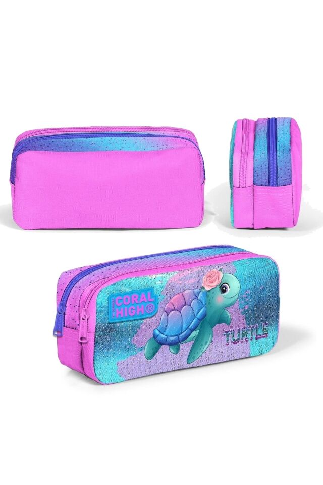 Kaplumbağa Desenli Üç Bölmeli Okul Çantası Beslenme Kalemlik 3 lü Set 23497